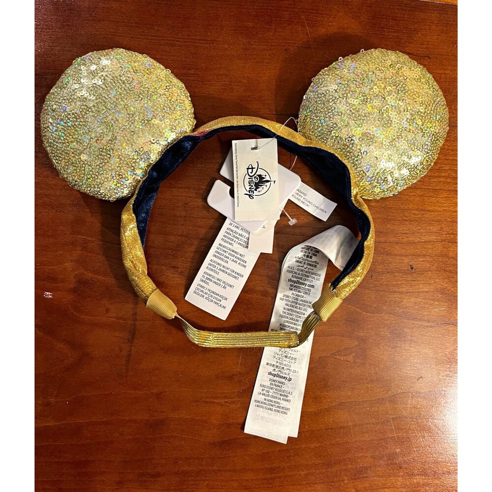 NWT Disney Mickey Mouse Gold Sequin Ears FlexVelcro Headband O/S Gold/Blue $35